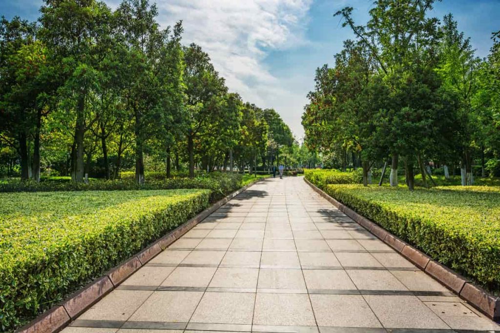 jalan setapak di taman yang terbuat dari paving block